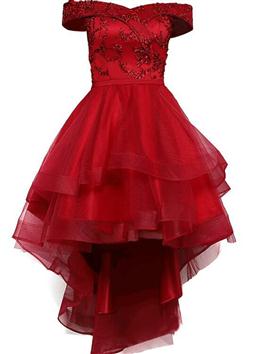 Picture of Fashionable High Low Party Dresses, Red Color Off Shoulder Homecoming Dresses